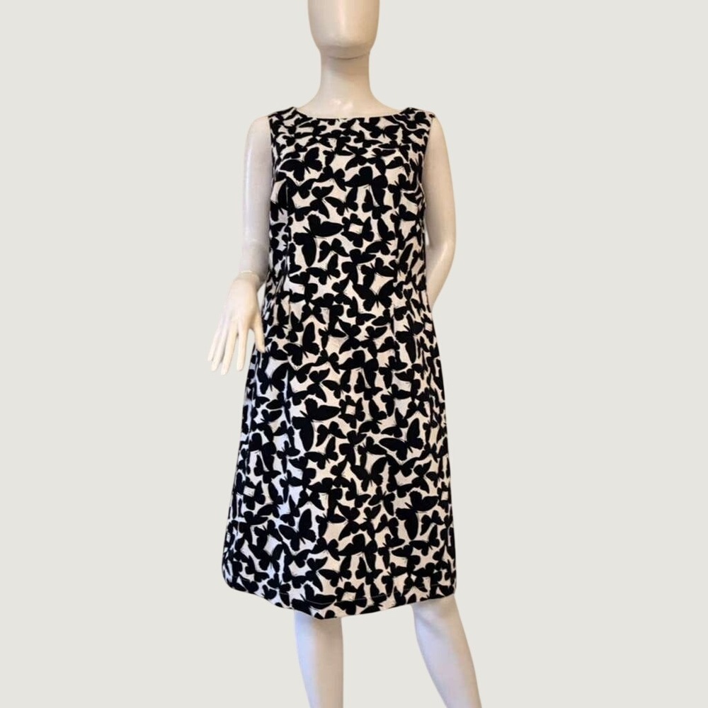 Talbots Womens Black White Butterfly Print Pique Shift Dress Sleeveless Size 8
